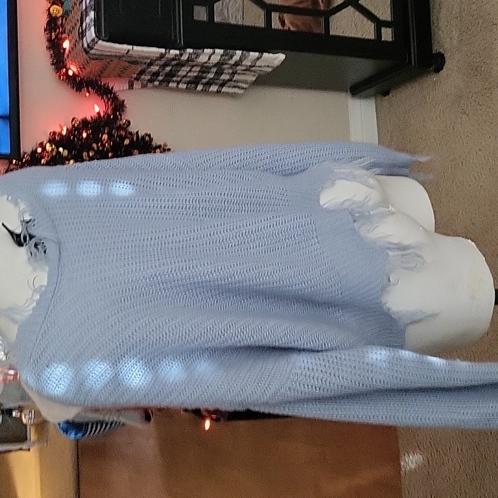 Off Shoulder Distressed Blue Pullover - image 5